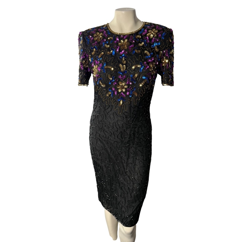 Vintage 90s Y2K Stenay Beaded Silk Cocktail Prom Dress Black‎ Sequin Party Midi